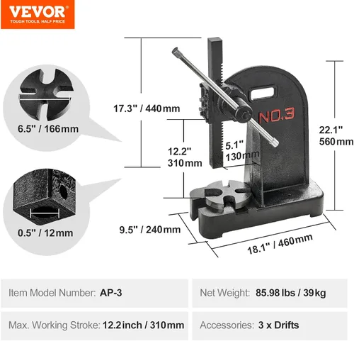 Miniatura 7 de VEVOR Prensa de Árbol, Prensa de Árbol Manual de 3 Toneladas, 12.2" Altura Máxima, Prensa Manual de Escritorio de Hierro Fundido Resistente, Prensa