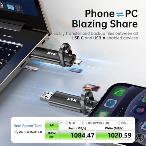 Miniatura 3 de SSK Unidad Flash USB 256GB SSD Externa, TLC NAND Unidad de Estado Sólido de Doble Puerto USBC y USBA, Hasta 1000MB/s Unidad USB de Pulgar Portátil
