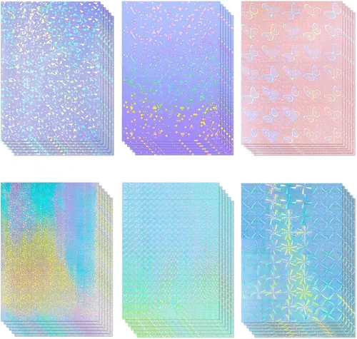 Clabby 36 hojas de papel adhesivo holográfico A4, láminas laminadas holográficas de vinilo, autoadhesivas, impermeables, transparentes, 11.7 x 8.3