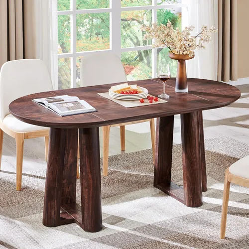 Miniatura 8 de OKD Mesa de comedor de 47 pulgadas para 4-6, mesa de comedor redonda con estructura triangular, base estable de pedestal, borde de mesa curvado