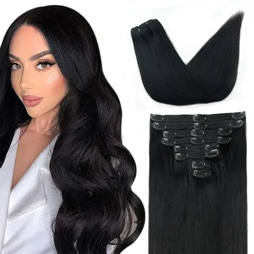 Miniatura 8 de Extensiones de cabello humano real con clip, 8 unidades, cabello humano Remy liso de seda suave natural, 4.23 oz, 20 pulgadas, negro natural #1B, 8