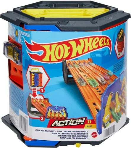 Hot Wheels Track Builder Action, Pista de Carreras Desplegable, Juego de Pista con Pista de Carreras de 5 Carriles y Cubo de Almacenamiento de