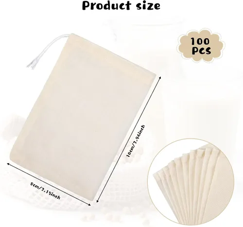 Miniatura 2 de 100 bolsas de estopilla para colar, bolsas de muselina reutilizables con filtro de té, filtro de té con leche, colador de queso, ropa de queso