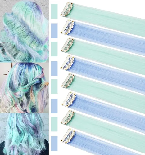 Miniatura 12 de Rhyme 12 piezas de extensiones de cabello de color azul y verde azulado con reflejos de princesa de 21 pulgadas con clip para niñas americanas