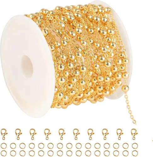 Miniatura 10 de Cadena de latón chapada en oro de 18 quilates de 5 metros/16.4 pies para hacer joyas, cadena de cuentas de oro claro para mujeres, cadena de Cuentas
