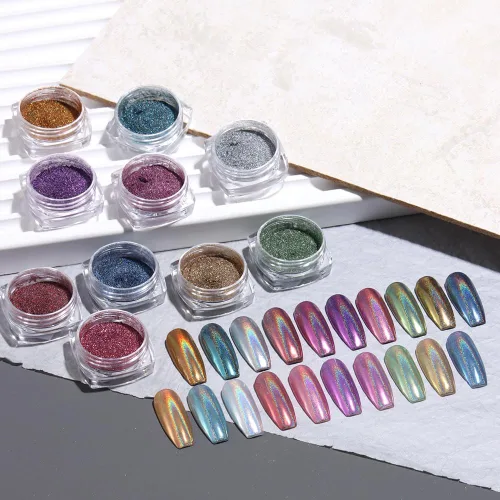 Miniatura 7 de Polvo holográfico de uñas de 10 colores, espejo metálico iridiscente Holo Aurora, efecto láser, pigmento cromado, purpurina para salón de belleza
