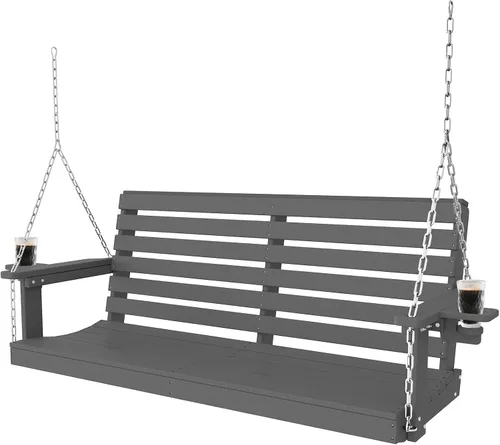 Miniatura 10 de Plawdlik Columpios de porche, silla de patio de 2 asientos con dos portavasos, banco impermeable de polietileno de alta densidad para patio