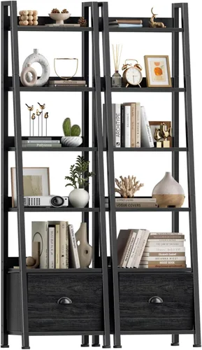 Miniatura 10 de Furologee Estantería de escalera con cajón, estante industrial de 5 niveles, estantes de almacenamiento abiertos para libros, CD, fotos, estantería