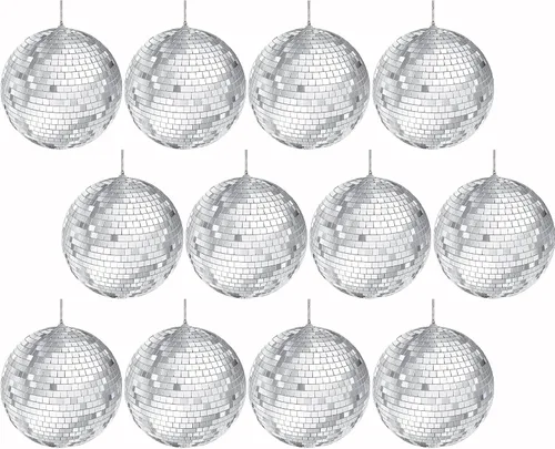 Bola de discoteca de espejo de 12 pulgadas, bola colgante plateada de 2 pulgadas con cuerda adjunta, refleja la luz, recuerdo de fiesta