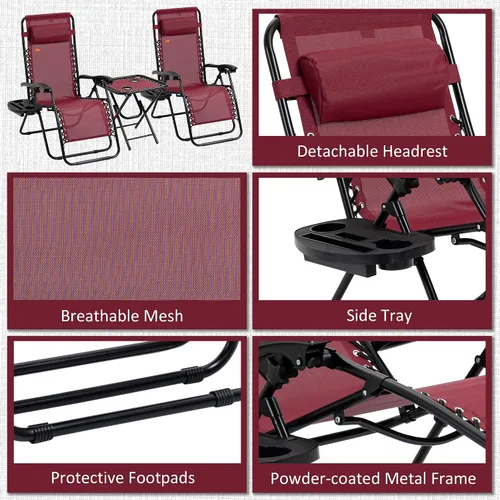 Miniatura 6 de Outsunny Juego de sillas Zero Gravity con mesa auxiliar, silla reclinable plegable con portavasos y almohadas, sillas de salón ajustables para Rojo