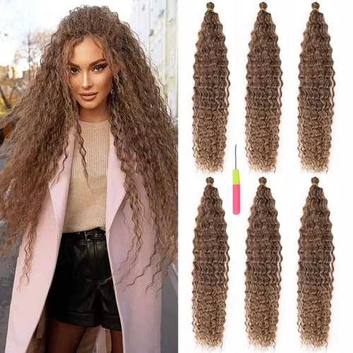 Miniatura 41 de MAYSA Extensiones de cabello sintético de ganchillo con ondas oceánicas, color 4 marrón, 22 pulgadas, rizado trenzado, extensiones de cabello