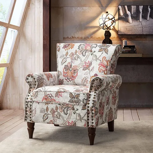 Miniatura 10 de HULALA HOME Silla moderna con respaldo de alas con patas de madera y cojín extraíble, cómodo sillón tapizado con ribete de cabeza de clavo, sofá