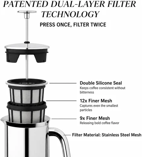 Miniatura 5 de ESPRO P7 Prensa Francesa Pulida de Acero Inoxidable 304 – Cafetera de Prensa Francesa con Micro-Filtro de Doble Pared Patentado y Aislamiento, Acero