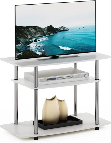 Furinno Turn-N-Tube - Centro de Entretenimiento de 3 Niveles sin Herramientas para TV hasta 32 Pulgadas con Tubos de Acero Inoxidable, Blanco Roble