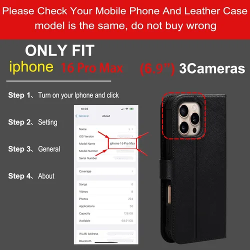 Miniatura 2 de Funda de cuero compatible con iPhone 16 Pro Max Cartera 6.9", cuero genuino 2 en 1, magnética, desmontable, a prueba de golpes, funda tipo folio