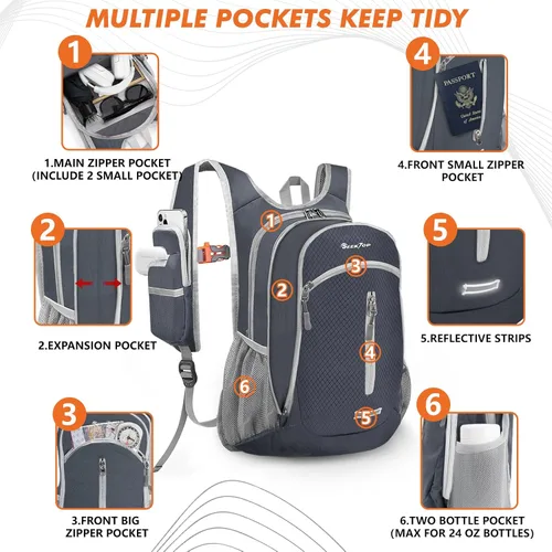 Miniatura 4 de Seektop Mochila de senderismo pequeña de 15 L para viajes, impermeable, ligera, bolsa de senderismo para mujeres y hombres Gris oscuro