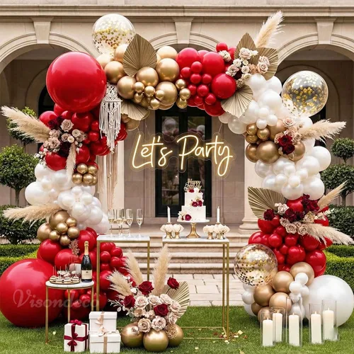 Kit de arco de globos rojos y blancos, doble relleno blanco perla, borgoña, granate, rojo oscuro, juego de arco de globos para graduación 2026, San