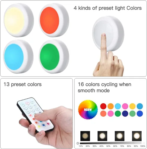 Miniatura 8 de HELPLEX Luces LED de disco con control remoto, paquete de 6 luces adhesivas RGBW que cambian de color, alimentadas con pilas, iluminación regulable