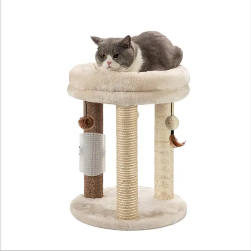 MECOOL Árbol pequeño para gatos 4en1, poste rascador con torre, cama suave, alfombra de sisal, postes de yute con tres juguetes de bola colgante y