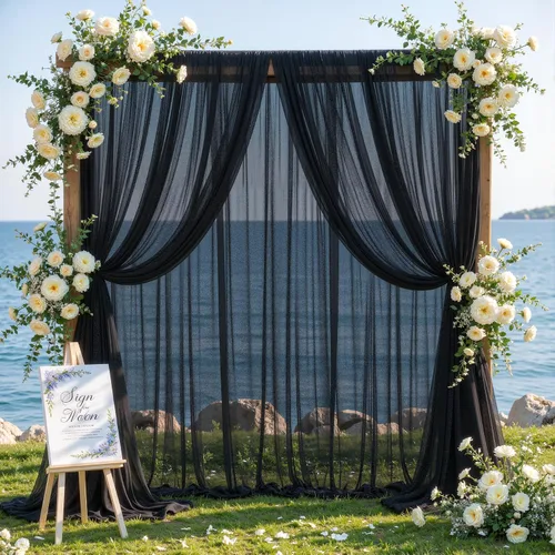 Miniatura 6 de 2 paneles de tela negra para arco de boda, cortinas de arco de 19 pies, cortinas de telón de fondo transparentes para boda, ceremonia, fiesta, Negro