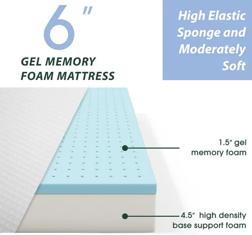 Miniatura 5 de Colchón matrimonial de alta calidad, espuma viscoelástica de gel de 6 pulgadas para un sueño fresco y alivio de presión, firmeza media, certificado