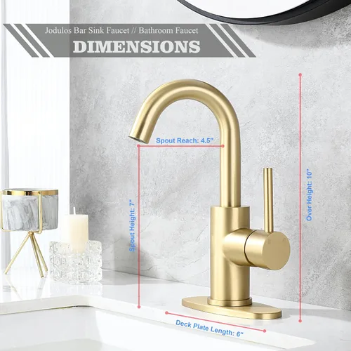 Miniatura 2 de Grifo de lavabo de barra dorado cepillado con placa de cubierta y líneas de suministro, de un solo agujero, de acero inoxidable, de un solo mango