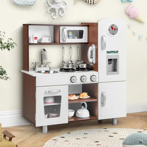 KOTEK Juego de cocina para niños, juego de cocina de madera para niños pequeños con dispensador de agua con luces sonidos, estufa, horno, nevera,