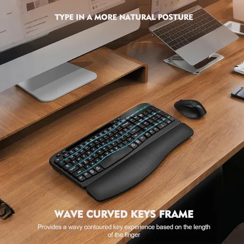 Miniatura 6 de Juego de teclado y mouse inalámbrico, teclas de onda de tamaño completo, teclado ergonómico con reposa muñecas acolchado, soporte para teléfono