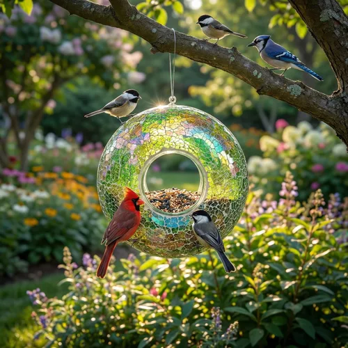 Miniatura 4 de Comedero para pájaros, comedero para pájaros salvajes a prueba de ardillas redondo, diseño de vidrio colgante con entrada para pájaros, comedero