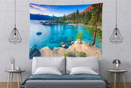 Miniatura 3 de BELECO Tapiz de lago de montaña de 60 x 40 pulgadas, color azul Lake Tahoe, con vista de orilla rocosa, playa, bosque verde, pinos, naturaleza