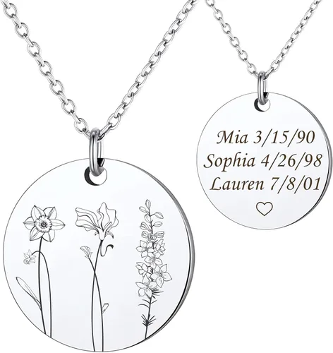 Anavia Collar con múltiples flores del mes de nacimiento, conexión de familiares y amigos, collar de moneda floral grabado personalizado, regalo de