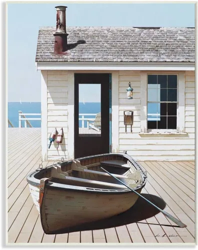 Stupell Industries Barco en el paseo marítimo Tranquil Coastal Boathouse Pintura diseñada por Zhen-Huan Lu Art, 10 x 15 pulgadas, placa de pared