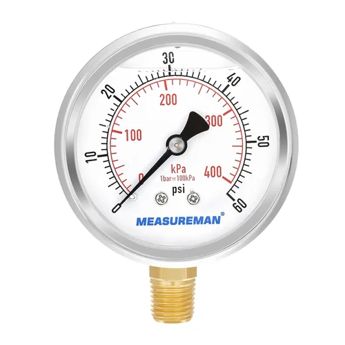 Miniatura 26 de MEASUREMAN - Manómetro de presión 1/4 NPT, manómetro de presión lleno de glicerina 0-100psi/kPa con esfera de 2.5 pulgadas y caja de acero
