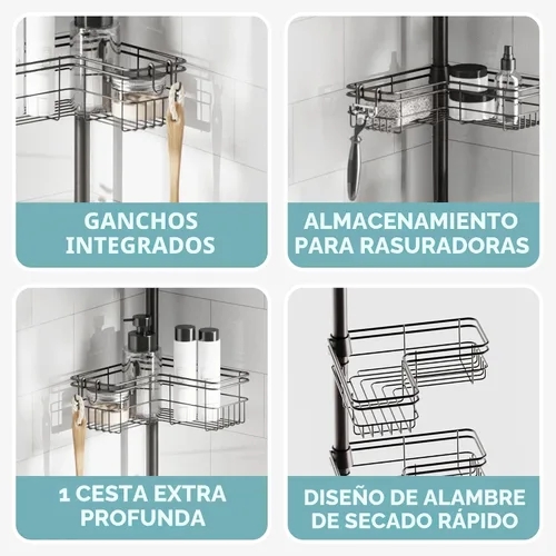 Miniatura 6 de Zenna Home Organizador de esquina con barra de tensión, organizador de ducha ajustable con 4 cestas en forma de L y ganchos, organizador de barra