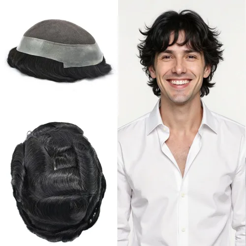 Miniatura 78 de Sistema de reemplazo de cabello de encaje francés para hombre, piezas de cabello de aspecto natural, color negro, marrón, rubio, gris, protesis