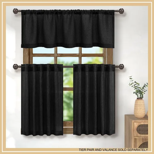 Miniatura 7 de Pitalk - Cenefa de ventana de lino negro para cocina, bolsillo para barra de 3 pulgadas, semitransparente, estilo bohemio moderno de granja, cenefa