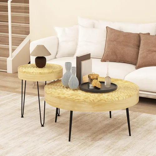 Giantex Juego de 2 mesas auxiliares redondas bohemias, mesa anidable lateral para sofá con parte superior de madera de pino maciza, patas de metal y