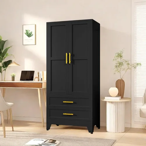 Miniatura 7 de PAOFIN Armario de metal negro de 71 pulgadas, armario de almacenamiento de ropa para dormitorio con 2 cajones y barra para colgar, armario