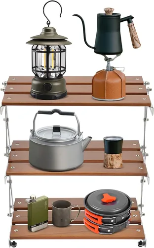 Soporte de parrilla de 3 niveles para exteriores, mesa de picnic de madera portátil, mesa de trabajo exterior ligera, parrilla de patio trasero con
