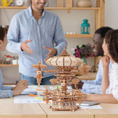 Miniatura 9 de Rompecabezas de madera 3D para adultos, kit de modelo de caja de música SkyCity, más de 600 piezas, diseño de paisaje urbano, desafiante artesanía