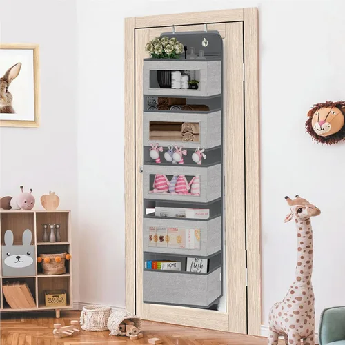 Miniatura 2 de Organizador colgante para colgar sobre la puerta con 5 bolsillos grandes, ventanas transparentes de montaje en pared y 2 ganchos de metal ampliados