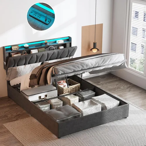Miniatura 8 de Fameill Marco de Cama Twin con Almacenamiento Elevable, Cabecera Ajustable, Estación de Carga, Luces LED, Listones de Madera, Sin Ruido, No Requiere