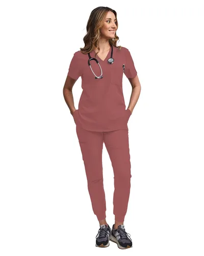 Miniatura 18 de Green Town Conjunto de ropa quirúrgica para mujer, pantalón deportivo y parte superior con cuello en V, 5 bolsillos, cintura de yoga, uniforme