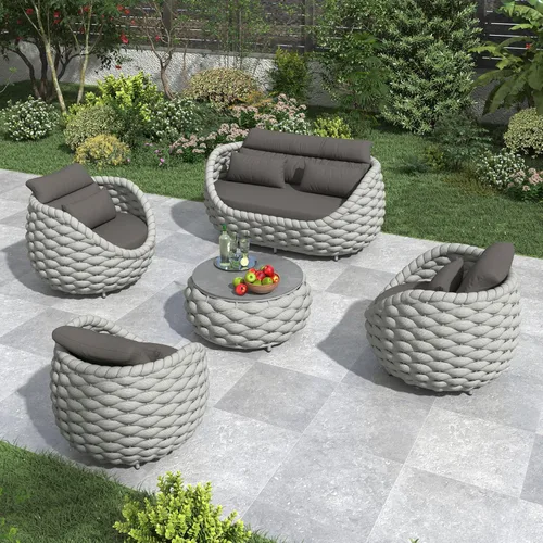 Miniatura 12 de Juego de muebles de patio de cuerda de 4 piezas: conjunto de sofás al aire libre de aluminio acolchado - sofá de conversación moderno ensamblado