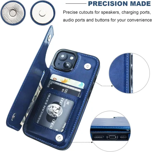 Miniatura 7 de ONETOP - Funda tipo cartera compatible con iPhone 15 con soporte para tarjetas, funda de piel sintética con ranuras para tarjetas, doble cierre Azul