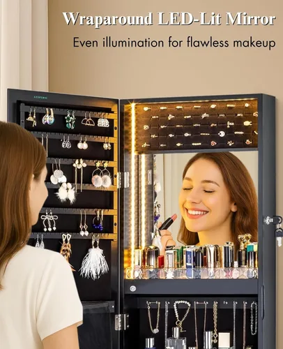 Miniatura 12 de LUXFURNI Espejo con luces LED, armario de joyería montado en la pared o para colgar en la puerta, espejo de longitud completa de 42 pulgadas
