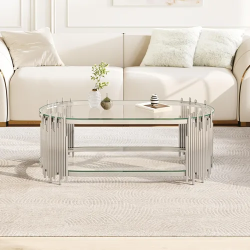 Miniatura 9 de 2-Tier Gold Glass Coffee Table, Modern Oval Coffee Table with Clear Tempered Black Shelves and Stainless Steel Frame, Luxury Center Tables for