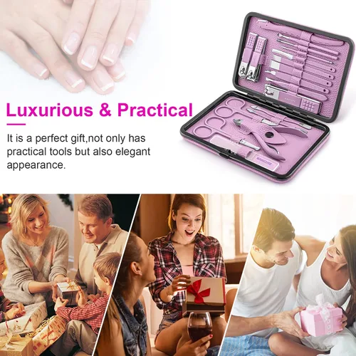 Miniatura 6 de Juego de manicura profesional de pedicura, kit de cortaúñas – 18 herramientas para el cuidado de uñas – Kit de aseo con lujosa funda de viaje Púrpura