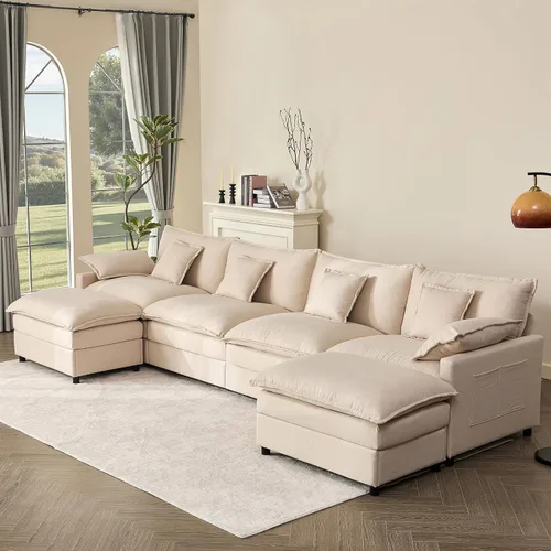 Miniatura 11 de GOSUHI - Sofá en forma de U de 108", sofá seccional modular, sofá de nube de 3 plazas con otomana móvil, sofás de asiento profundo para sala de Beige