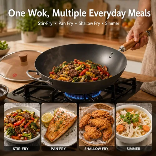 Miniatura 3 de WANGYUANJI Wok de hierro, woks de 12.59 pulgadas para freír, sartén china sin recubrimiento, olla de hierro tradicional de fondo plano